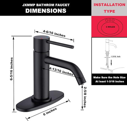 Matte Black Bathroom Faucet Single Hole, JXMMP Single Handle Bathroom Sink Faucets with Pop Up Drain and 6 inch Deck Plate and cUPC Water Supply Hose