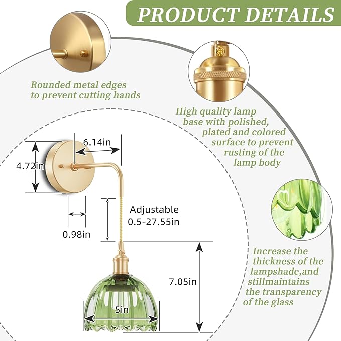 Battery Operated Wall Sconce CCT Dimmable Wireless Sconcesm Vintage Light Fixture with Green Tulip Glass Lampshade Wall Decor Set for Living Room Bedroom Bedside Bathroom 1PC Green