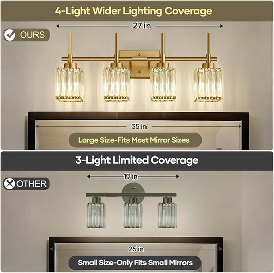 Torondo Modern Crystal Bathroom Vanity Light 4-Lights Brushed Gold Bathroom Light Fixtures Over Mirror Brushed Gold Vanity Lighting Fixtures Square Shade Brass Wall Sconce (Bulbs Not Include)