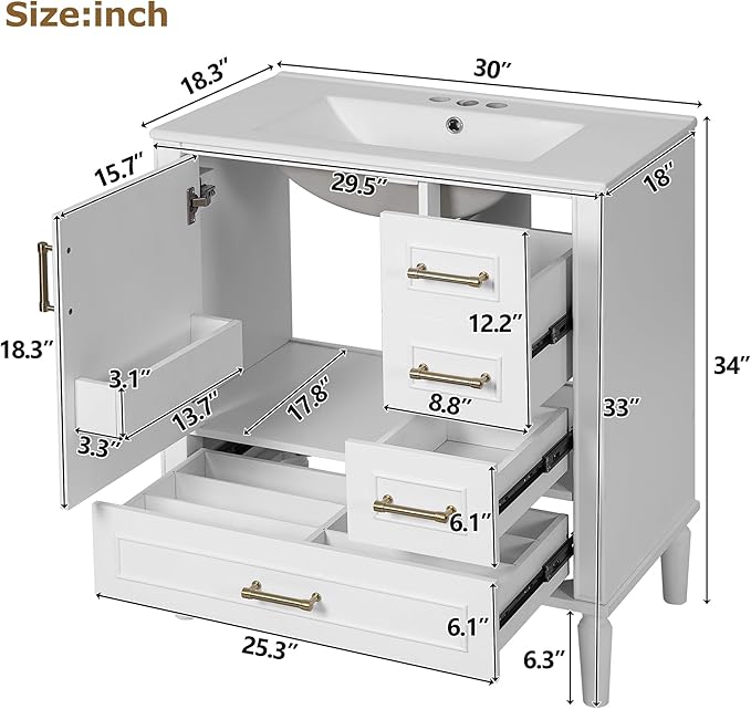 30" Bathroom Vanity with Sink,Free Standing Single Basin Vanity Set w/ 3 Drawers & Soft Closing Door,Solid Wood Frame,Metal Handles,Modern Storage Cabinet for Small Space,White