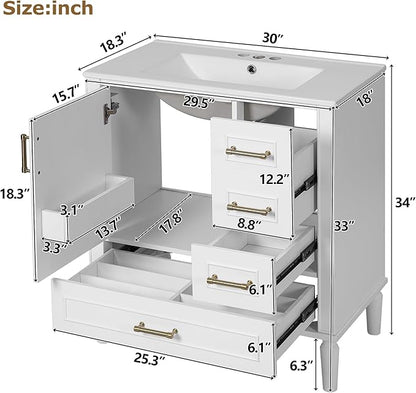 30" Bathroom Vanity with Sink,Free Standing Single Basin Vanity Set w/ 3 Drawers & Soft Closing Door,Solid Wood Frame,Metal Handles,Modern Storage Cabinet for Small Space,White