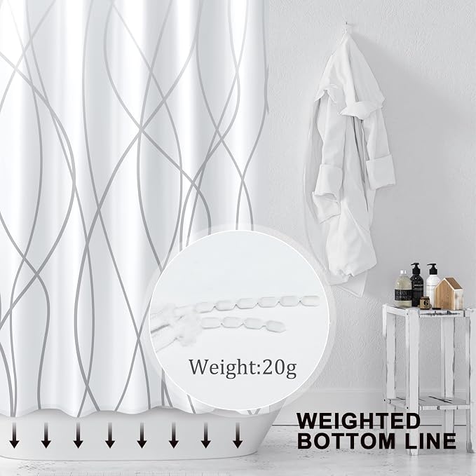 Striped Shower Curtain for Bathroom, Ombre Grey White, 72"W x 72"L | with Hooks, Modern Hotel Style, Water Repellent, Washable, Weighted Hem