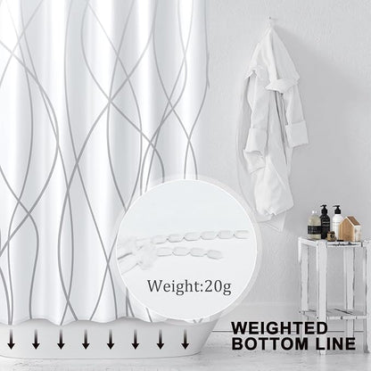 Striped Shower Curtain for Bathroom, Ombre Grey White, 72"W x 72"L | with Hooks, Modern Hotel Style, Water Repellent, Washable, Weighted Hem