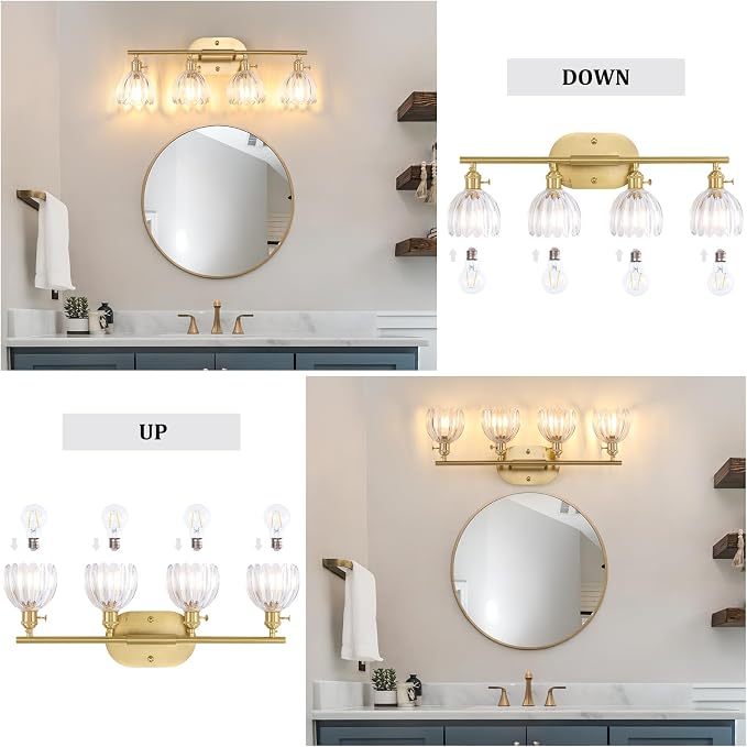 Shenmoyl Bathroom Light Fixtures, 4-Light Brass Vanity wall Light Over Mirror with Clear Tulip Glass Shade for Bedroom Living Room (Bulb Not Included)