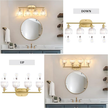 Shenmoyl Bathroom Light Fixtures, 4-Light Brass Vanity wall Light Over Mirror with Clear Tulip Glass Shade for Bedroom Living Room (Bulb Not Included)