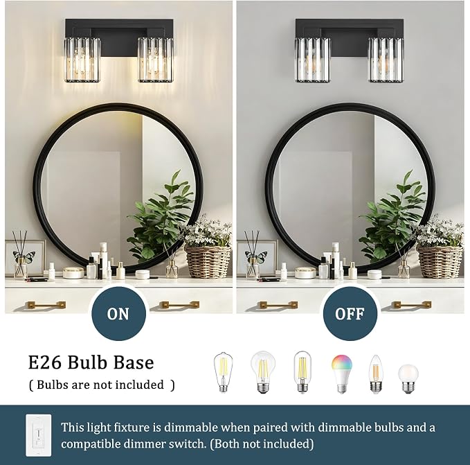 2-Light Black Crystal Vanity Light Bathroom Lighting Fixtures Over Mirror | Wall Sconces with Square Crystal Shades, E26 Socket, Modern Vanity Lights for Bathroom (Bulbs Not Included)