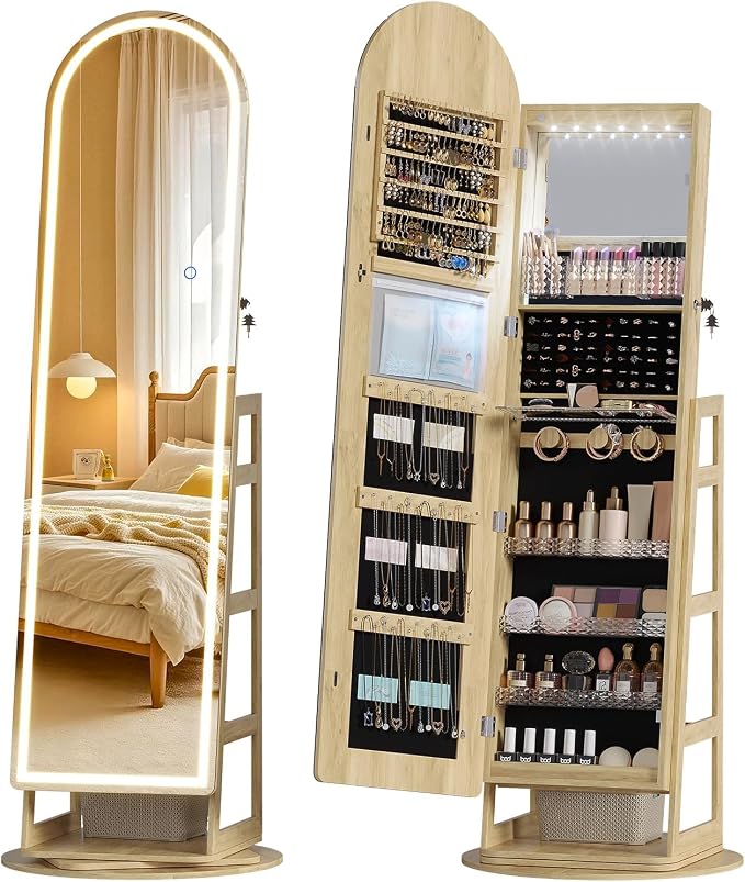 LVSOMT LED Arched Mirror Jewelry Cabinet Standing, Lockable Jewelry Armoire | 360° Swivel Full-Length Mirror with Storage, Large Jewelry Organizer Mirror, Foldable Makeup Shelf, Gift for Women, Wood