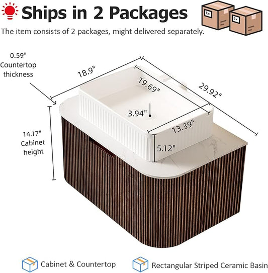 30'' Floating Bathroom Vanity with Sink, Natural Solid Wood Modern Bathroom Vanities with Rectangular Ceramic Basin and Marble Top, Soft-Close Drawer, Pre-Assembled Cabinet, Dark Walnut