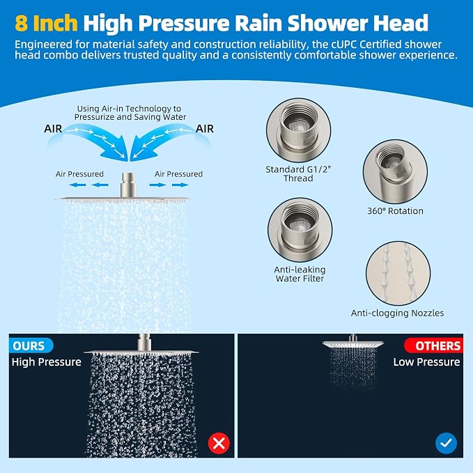 Hibbent All Metal cUPC Certified Shower Head, 8'' High Pressure Rainfall Showerhead Combo, Handheld Shower Wand, 12'' Adjustable Extension Arm, 4-Spray, 71'' Hose, Shower Holder, Brushed Nickel