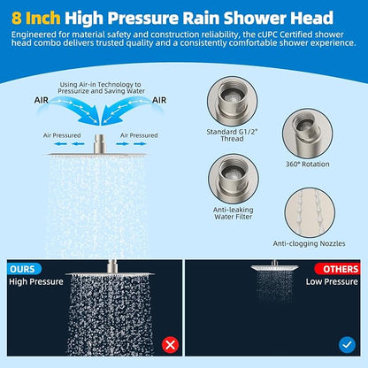 Hibbent All Metal cUPC Certified Shower Head, 8'' High Pressure Rainfall Showerhead Combo, Handheld Shower Wand, 12'' Adjustable Extension Arm, 4-Spray, 71'' Hose, Shower Holder, Brushed Nickel