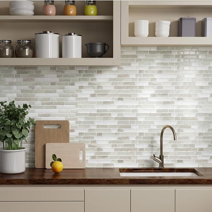 Peel and Stick Backsplash, Self Adhesive 10 Kitchen Tiles 12''x12'' | Beige Green 3D Wall Tile Back Splash for Kitchen, Bathroom, Laundry Room
