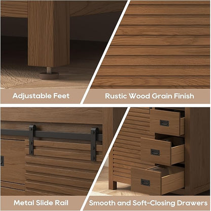 30 Inch Bathroom Vanity with Sink, Farmhouse Solid Wood Frame Vanity with Sink, Sliding Barn Door Bathroom Storage Cabinet with Soft-Closing Dovetail Drawers, Brown Oak