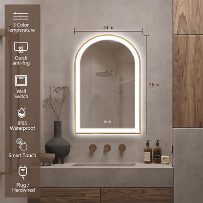 Arched LED Bathroom Mirror, 36"x24" Arch Backlit Vanity Mirror with Lights, Frontlit, Dimmable, 3 Colors, Memory Function, Anti-Fog Smart Mirror, Gold Frame, Shatterproof, UL Listed