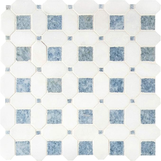 MSI Azula Hatchwork 12 in. x 12 in. Geometric Squares Polished Marble Mesh-Mounted Mosaic Wall Tile for Bathroom, Floor Tile and Kitchen Backsplash, White, Blue