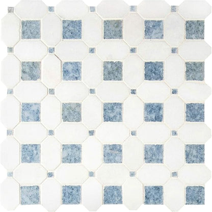 MSI Azula Hatchwork 12 in. x 12 in. Geometric Squares Polished Marble Mesh-Mounted Mosaic Wall Tile for Bathroom, Floor Tile and Kitchen Backsplash, White, Blue