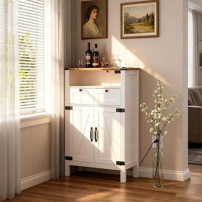 Bathroom Floor Cabinet with Outlets, Farmhouse White Cabinet with Doors, Drawer, Bathroom Storage Cabinet Hutch Cupboard Organizer for Kitchen Pantry, Laundry, Entryway, Rustic