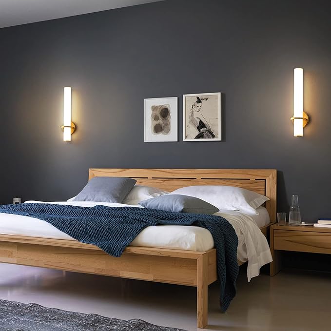 Gold Bathroom Wall Sconces Set of 2: 18 Inch Modern Sconces Wall Lighting 18W LED Dimmable Wall Light with Acrylic Lampshade, Brushed Gold Sconces for Bedroom Living Room Hallway (Hardwired)