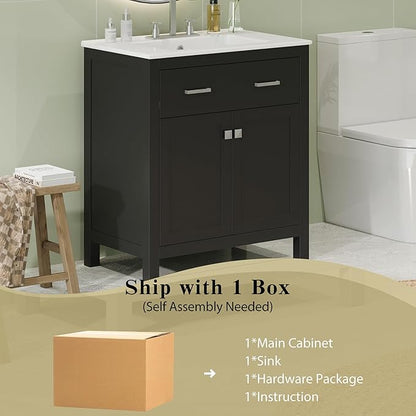 Favfurish 30" Bathroom Vanity with Ceramic Sink,Undermount Single Basin Vanity Set w/1 Flip-Out Drawer and 2 Soft-Close Doors & Adjustable Shelf,Freestanding Storage Cabinet,Solid Wood Frame,Black