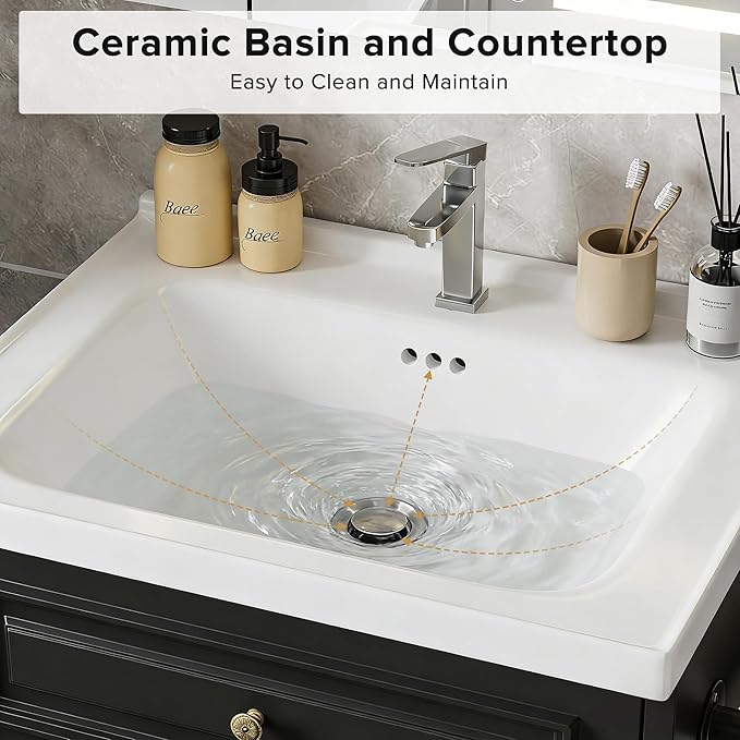 24" Bathroom Vanity with Sink, Floating Bathroom Vanity with with Marble Ceramic Basin Top and 2 Storage Drawers, Modern Storage Cabinet for Small Space, Black