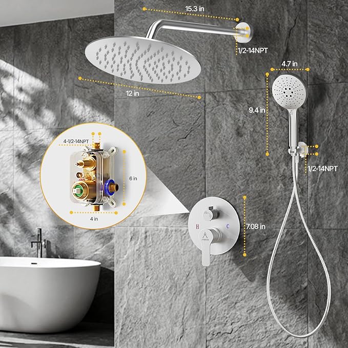 Shower Faucet Set 12IN Brass Rough-In Valve Body Trim Kit Rainfall Included Handle Accessories Complete 2 Functions with Rain Head and Handheld Bathroom Systems (12'', Brushed Nickel)