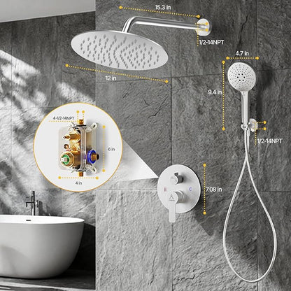 Shower Faucet Set 12IN Brass Rough-In Valve Body Trim Kit Rainfall Included Handle Accessories Complete 2 Functions with Rain Head and Handheld Bathroom Systems (12'', Brushed Nickel)