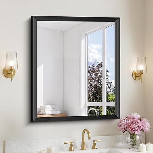 Black Bathroom Mirror 30 x 36 Inch Rectangle Wave Beveled Frame for Wall Bathroom Vanity Mirror for Over Sink, Tempered Glass,for Entryway Hangs, Bathroom Living Room Horizontal or Vertical