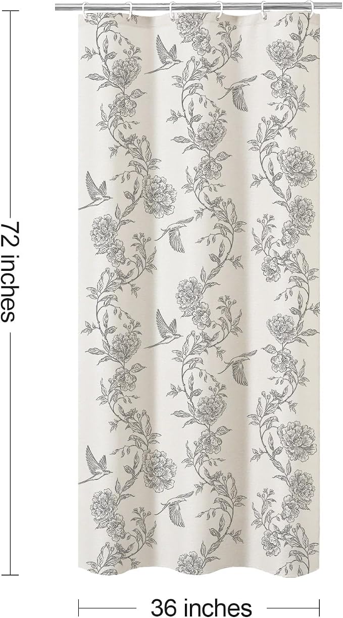 MitoVilla Small Stall Grey Cotton Shower Curtain for Bathroom,36 x 72 | Narrow Half Cottagecore Hummingbird Spring Shower Curtains, Modern Farmhouse Country Floral Bathroom Décor, 36 x 72