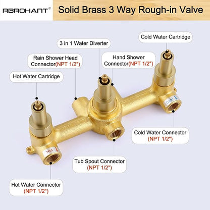 RBROHANT Brushed Gold Shower System with Tub Spout, Brass Bathtub Shower Faucet Set with 3 Way Rough-in Valve,10 Inch Round Shower Head Set with Tub Spout and Handheld, JK0299