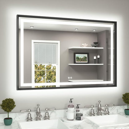 48 x 32 Bathroom LED Mirror Brushed Black Metal Frame Frontlit & Backlit Vanity Mirror Stepless Dimmable Anti-Fog 3 Colors White/Warm/Natural Light up Vanity Mirror Wall-Mounted