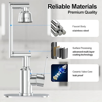 Stainless Steel Bathroom Sink Faucet, 1080° Rotatable, Silver | Fit 1 Hole Sink, 4 Water Outlet Modes, Three-stage Rotating Design, Flexible Adjustment, Anti-Rust, No Leakage, Single Handle
