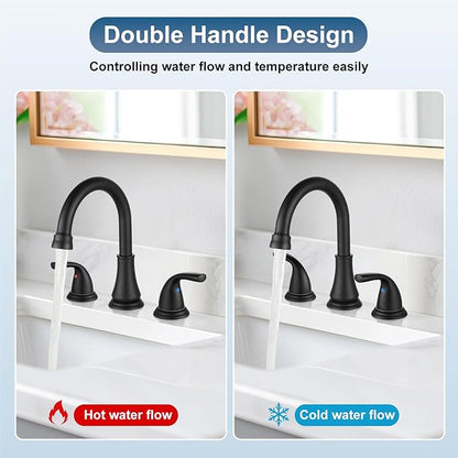 Widespread Bathroom Sink Faucet Deck Mounted 3 Hole 8 inch Bathroom Vanity Faucet 2 Handles Basin Mixer Tap with Pop up Drain, Matte Black