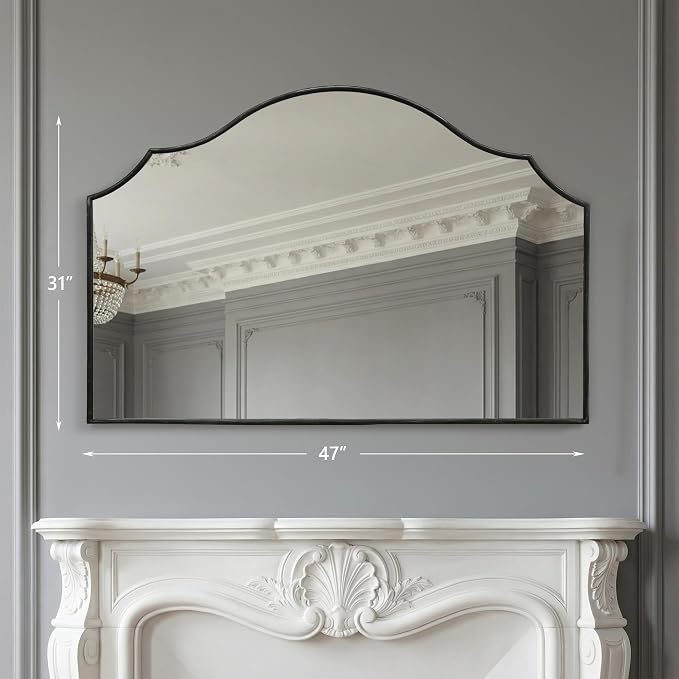 Besdomus Black Scalloped Wall Mirror: 47"x31" Large Wooden Fireplace Mirror | Modern Minimalist Decorative Arched Mirror for Vanity/Dresser/Bedroom/Entryway/Bathroom/Living Room/Dining Room/Over Sink