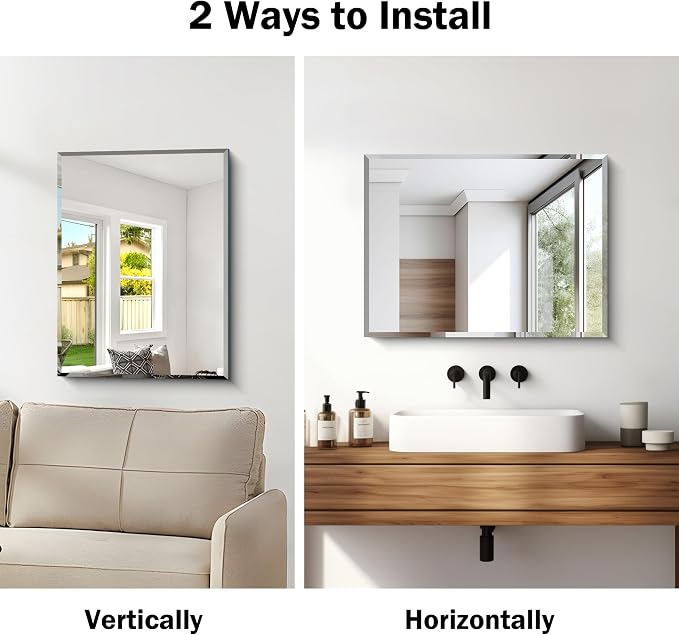 CILIBER Beveled Mirror, 18x24 Frameless Beveled Bathroom Mirrors for Wall, 3mm Tempered Glass Rectangle Vanity Mirror with Beveled Edge, Crystal-Clear, Hangs Horizontally or Vertically