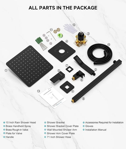 SR SUN RISE Shower System 10 Inch Rainfall Brass Valve Trim Kit Black | Wall-Mounted Rainfall Shower Set with Valve, Pressure Balance for Stable Temp, 304 Steel, Lead-Free Waterway, Leak-Resistant