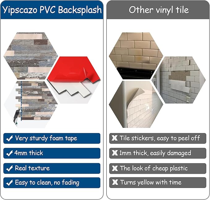 Yipscazo 10 Sheets Peel and Stick Wood Metal Tile Backsplash, Stick on Tiles for Backsplash Kitchen, Bathroom, Laundry Room, Camper, Fireplace (12'' X 12'', Mix Rustic with Gold)