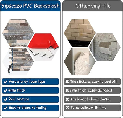 Yipscazo 10 Sheets Peel and Stick Wood Metal Tile Backsplash, Stick on Tiles for Backsplash Kitchen, Bathroom, Laundry Room, Camper, Fireplace (12'' X 12'', Mix Rustic with Gold)