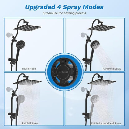 Hibbent High Pressue All Metal 10" Rainfall Shower Head, Handheld 10-Spray | cUPC Certified Oil-Rubbed Bronze Dual Showerhead Combo, 4-way Diverter with Pause Mode, Extension Arm, 71'' Hose & Holder