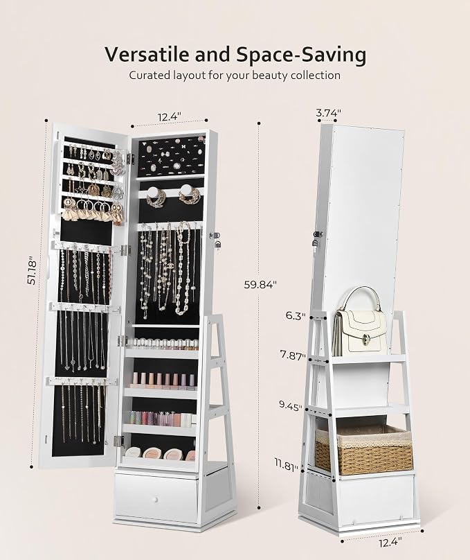 Nicetree 360° Swivel Jewelry Cabinet, Full Length Mirror, Lockable | Rotatable Jewelry Armoire Organizer, Standing Mirror with Storage, 3 Rear Shelves + Bottom Drawer, Gift Idea, Pure White