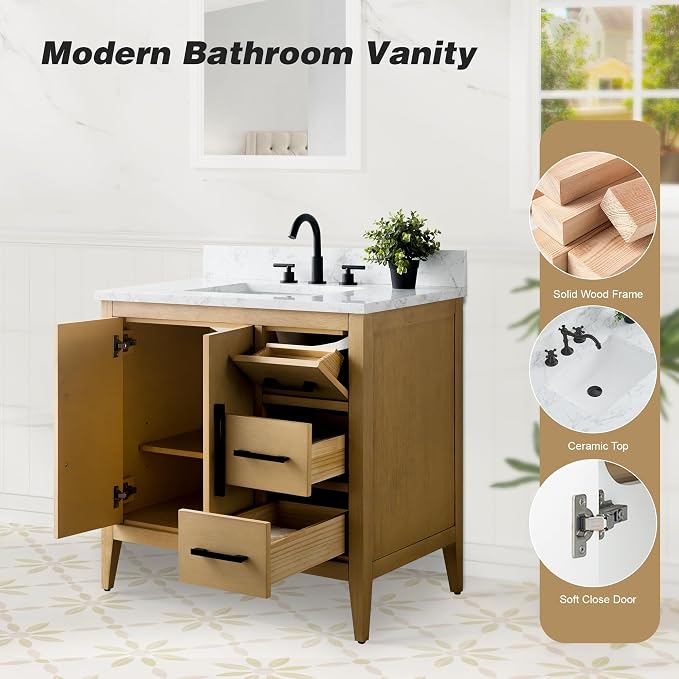 36 Inch Bathroom Vanity with Sink & Ceramic Top, Single Vanity Cabinet with Basin, Soft-Closing Doors & Matte Black Hardware, Natural Oak