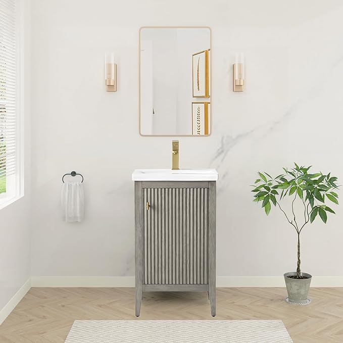 HOMEBEYOND 20" Bathroom Vanity with Ceramic Sink, Solid Wood Free-Standing Vanities Cabinet, Ceramic Top, Golden Brushed Handware & Soft Closing Door, Driftwood Gray