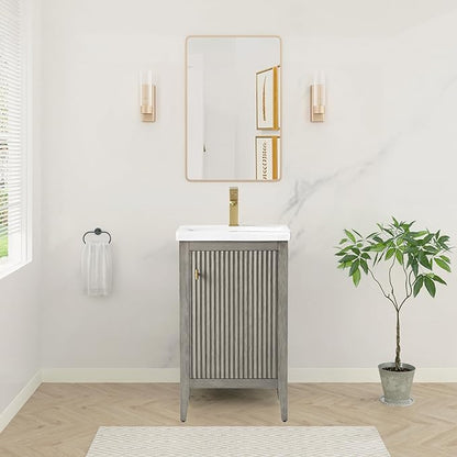 HOMEBEYOND 20" Bathroom Vanity with Ceramic Sink, Solid Wood Free-Standing Vanities Cabinet, Ceramic Top, Golden Brushed Handware & Soft Closing Door, Driftwood Gray