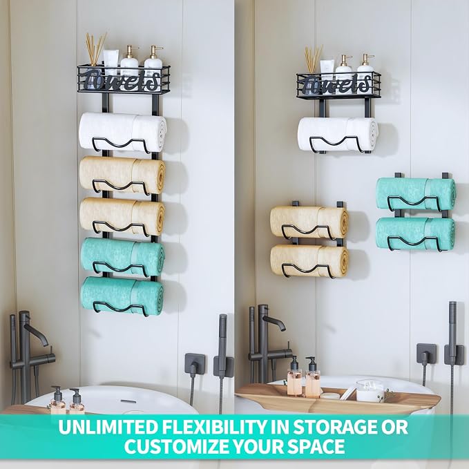 HapiRm Over The Door Towel Rack - 6 Tier Wall Mount Rolled Towel Holder Storage Organizer Shelf with Storage Basket for Small Bathroom, Rv, Camper - Black