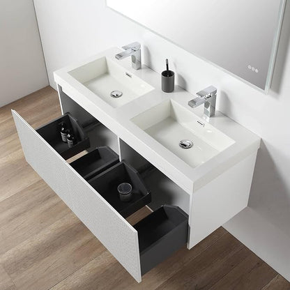 Blossom 48 inch Bathroom Vanity with Sink, Wall Mounted Floating Bathroom Vanity Cabinet with Double Acrylic Sink, All Wood Bathroom Storage Cabinet with Soft Close Drawers, Matte White Finish