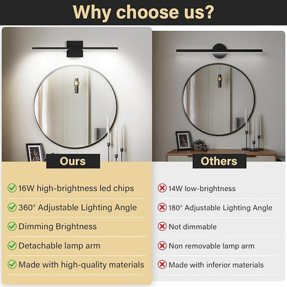 Black Bathroom Vanity Light, 24 Inch LED Light Bar Over Mirror | Modern Bathroom Light Fixture Over Mirror for Vanity, 360° Rotatable Dimmable LED Wall Mounted Lighting, ETL Certified