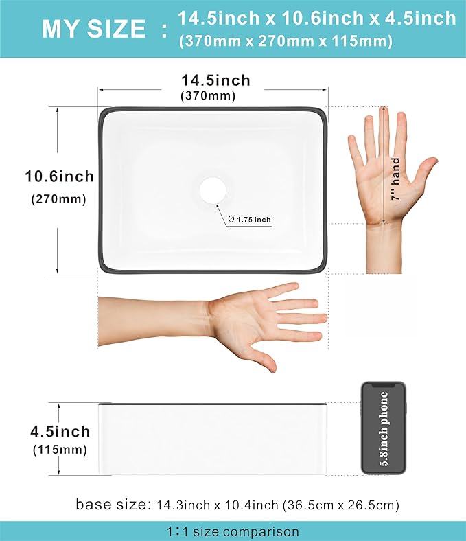 J-FAMILY 14.5'' x 10.6'' Small Vessel Sink Bathroom Above Counter White Porcelain Ceramic Rectangular Sink Bowl Black Trim Decoration Small Vanity Sink Lavatory Wash Basin