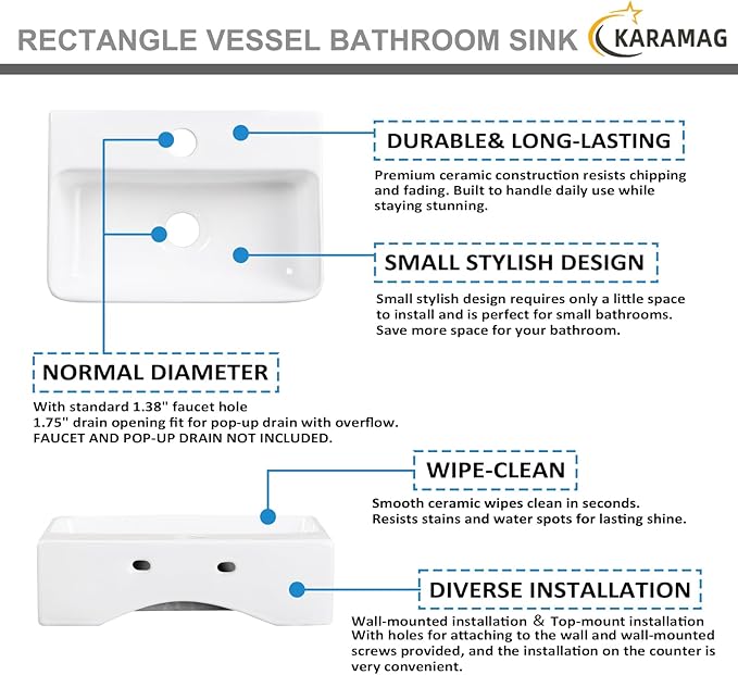 Small Vessel Sink 14"x10" Wall Mount Bathroom Sink Rectangular White Porcelain Ceramic Mini Floating Tiny Bathroom Wall Mounted RV Sink
