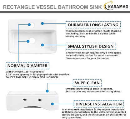 Small Vessel Sink 14"x10" Wall Mount Bathroom Sink Rectangular White Porcelain Ceramic Mini Floating Tiny Bathroom Wall Mounted RV Sink
