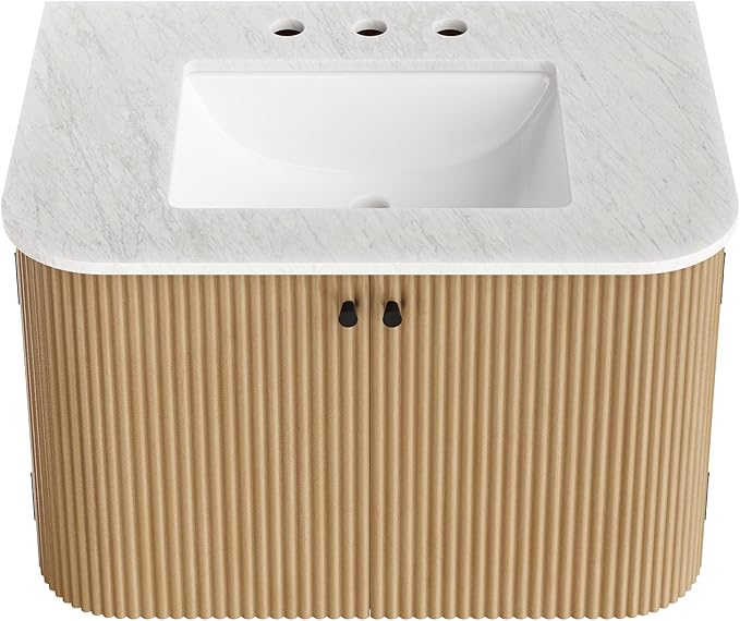 Modway Zia 30 Inch Wall-Mount Bathroom Vanity in Natural with Marble Sink Basin - Floating Bathroom Cabinet with Fluted Design