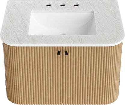Modway Zia 30 Inch Wall-Mount Bathroom Vanity in Natural with Marble Sink Basin - Floating Bathroom Cabinet with Fluted Design
