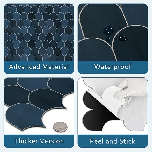 SUNWINGS 10-Sheet Fish Scale Peel and Stick Backsplash Tile, 11.4'' x 10.9" Stone Composite Scallop Handmade Looks Self-Adhesive Wall Tiles for Kitchen Bathroom, Blue